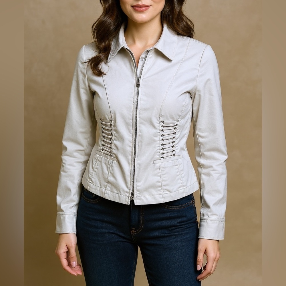 ✨ Worth Cream Ruched Waist Zip Jacket Size S Elegant Tailored Quiet Luxury✨